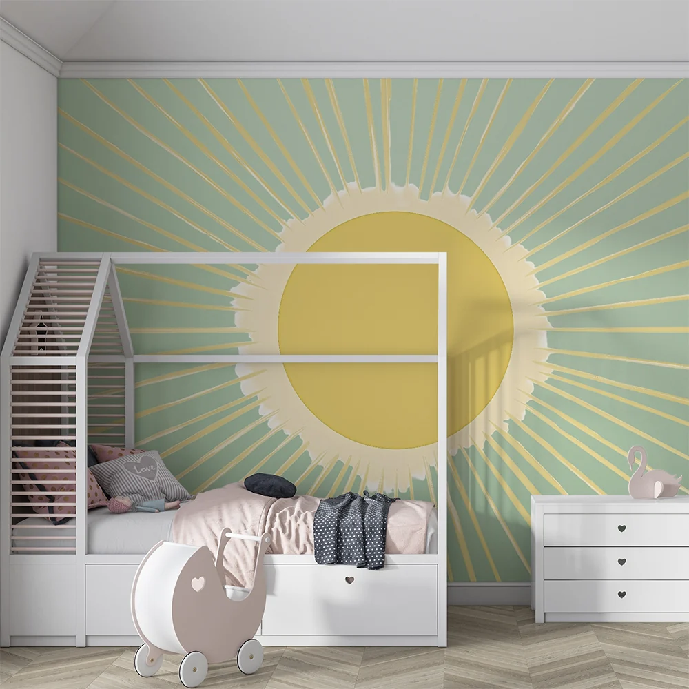 Papel de parede crianç | Sol radiante em fundo verde