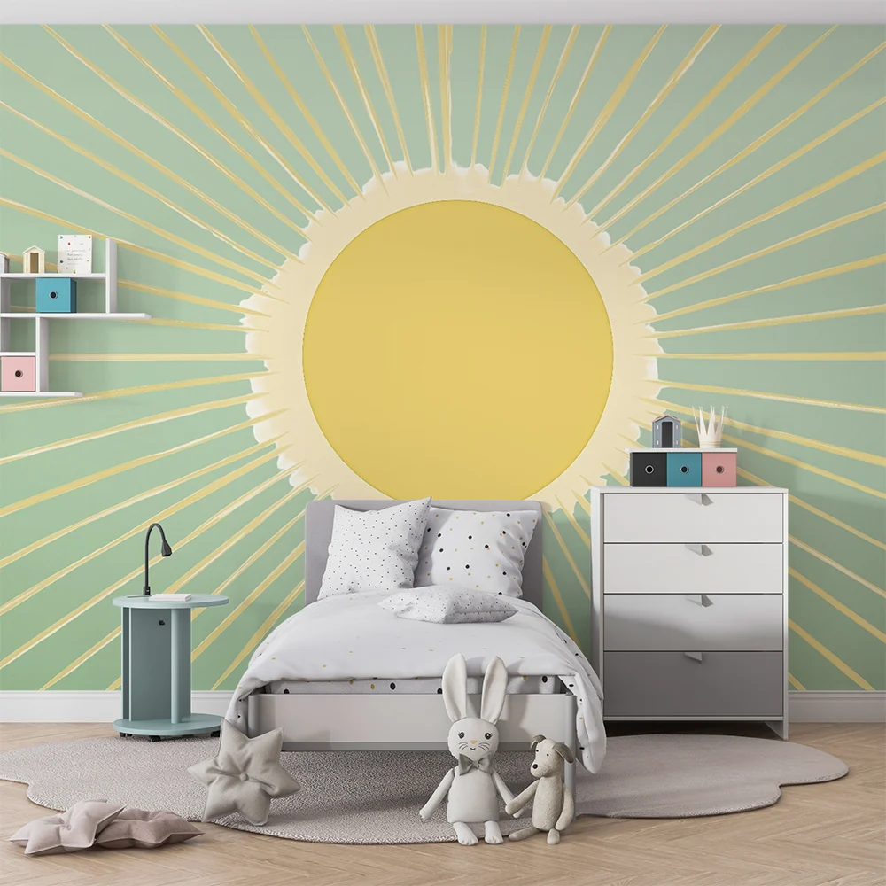 Papel de parede crianç | Sol radiante em fundo verde
