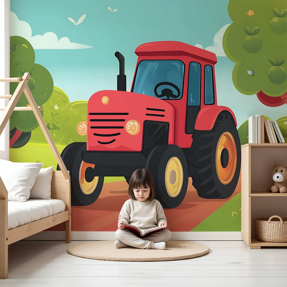 Papel de parede crianç | Tractor vermelho e pomar