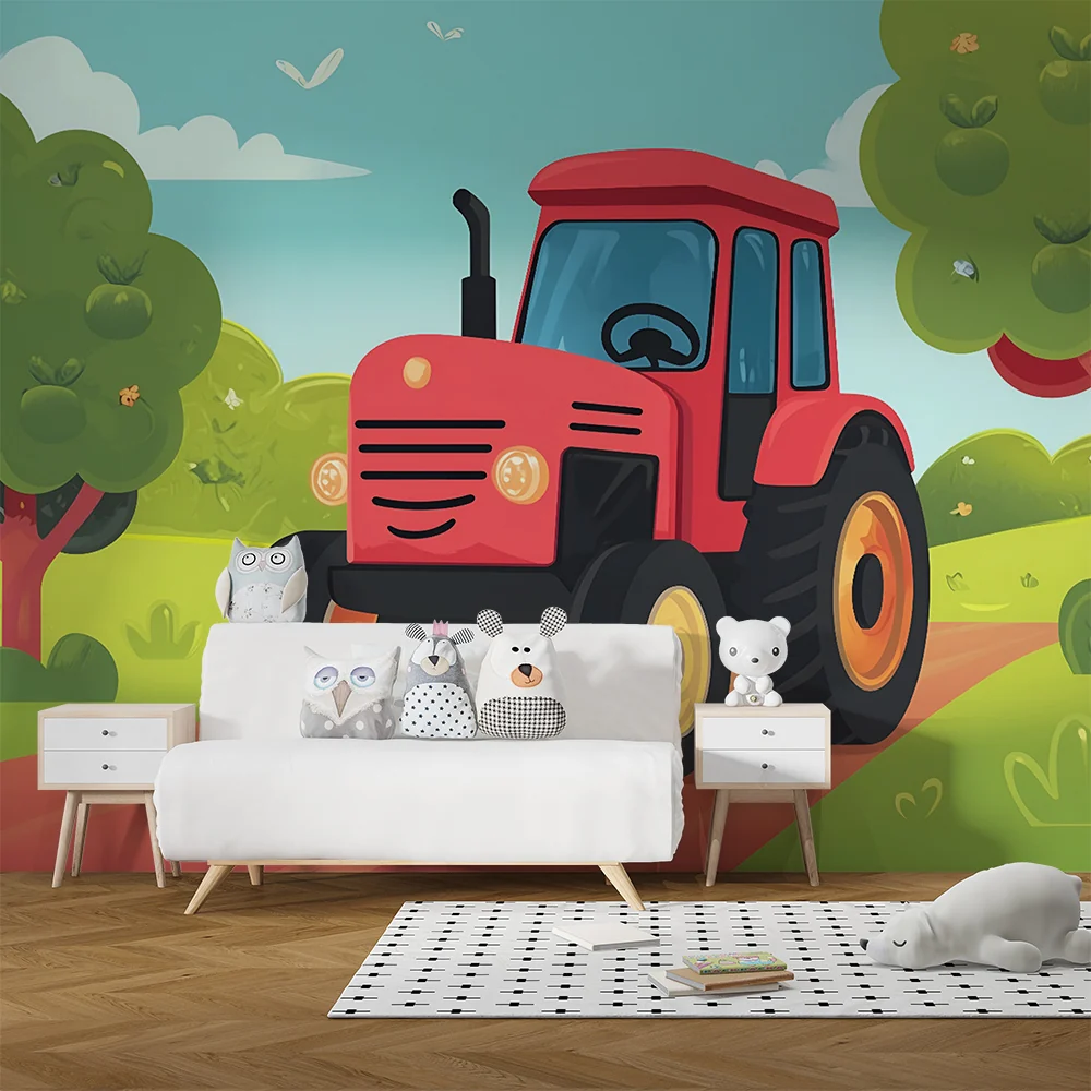 Papel de parede crianç | Tractor vermelho e pomar
