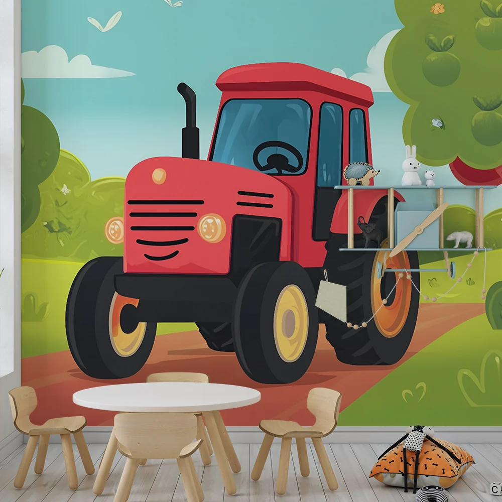 Papel de parede crianç | Tractor vermelho e pomar