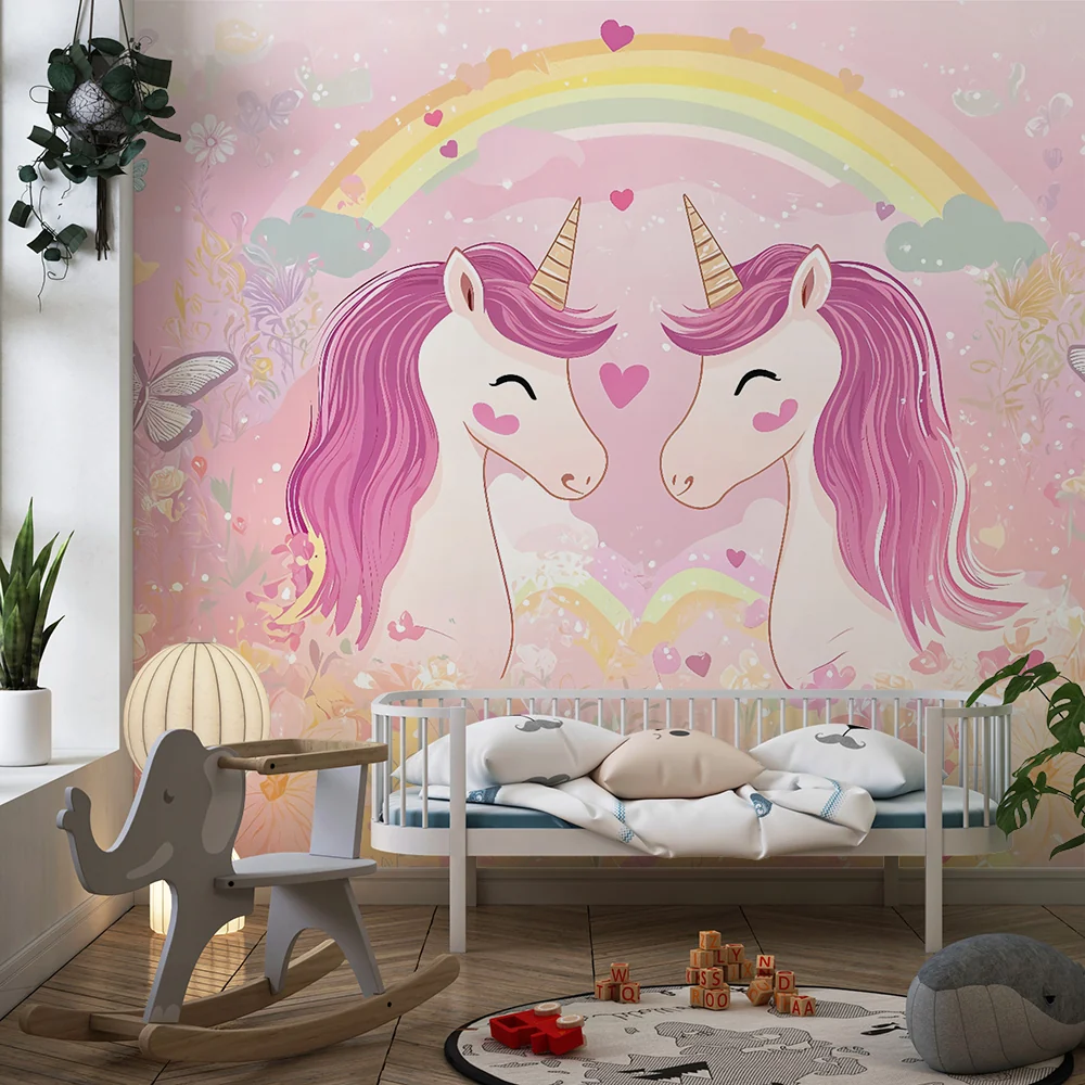 Papel de parede crianç | Unicórnios mágicos e arco-íris pastel