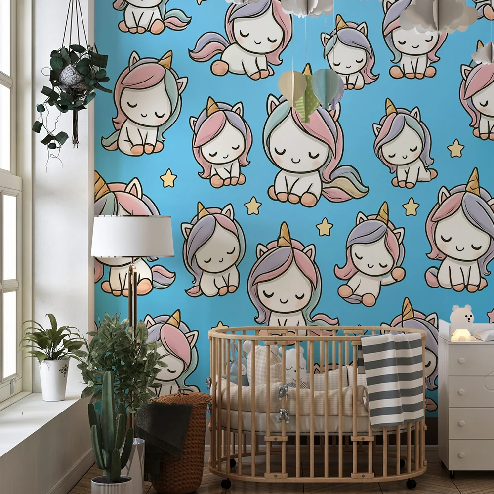 Papel de parede crianç | Unicórnios pastel e estrelas