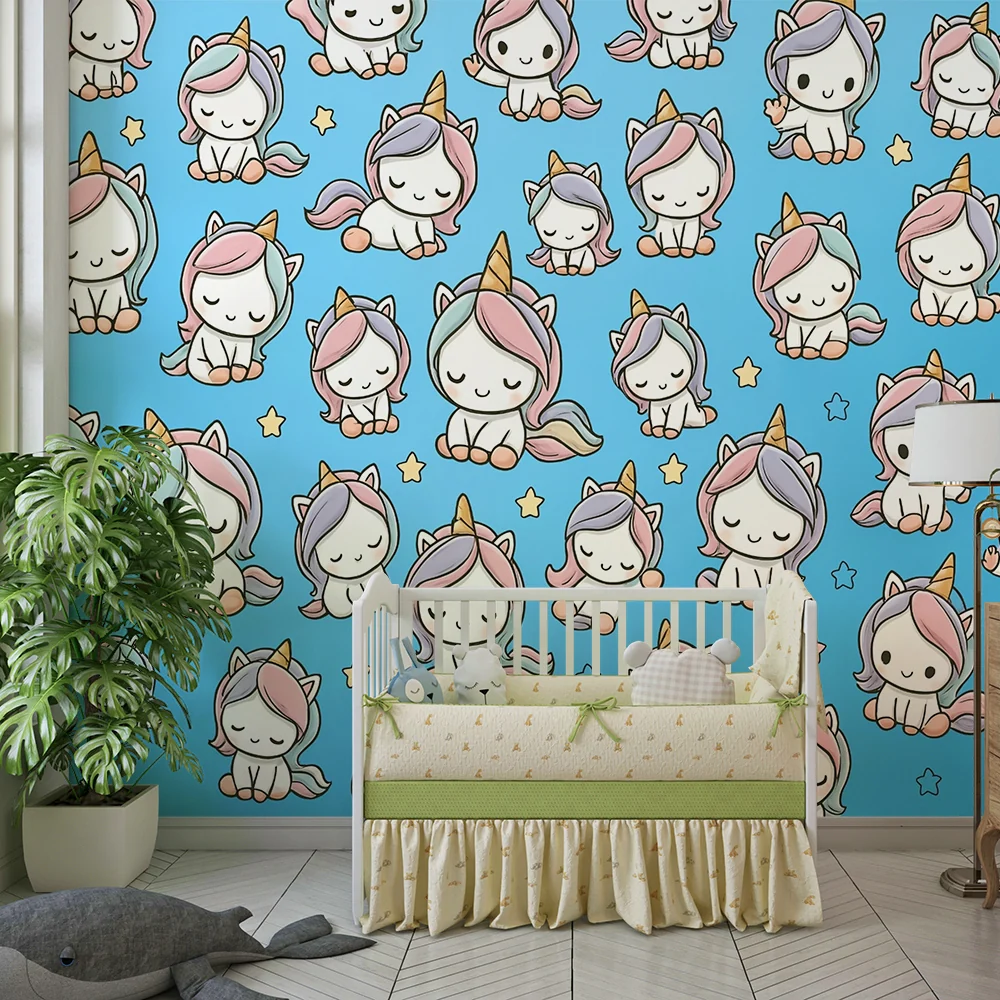 Papel de parede crianç | Unicórnios pastel e estrelas