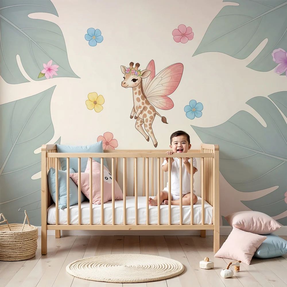 Papel de parede quarto bebê | Феерична жираф, заобиколена от цветя и тропически листа