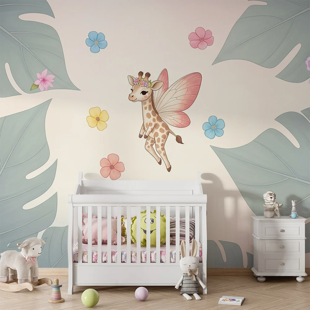 Papel de parede quarto bebê | Феерична жираф, заобиколена от цветя и тропически листа