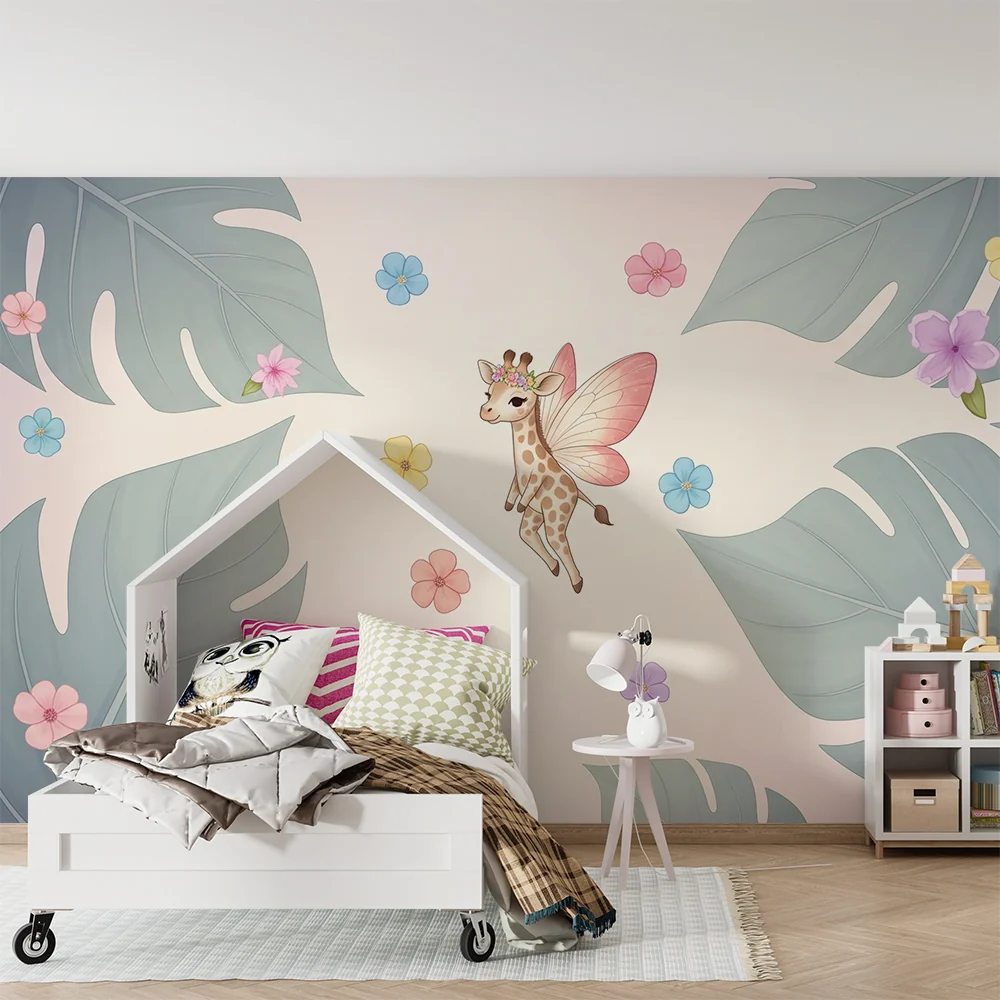 Papel de parede quarto bebê | Феерична жираф, заобиколена от цветя и тропически листа
