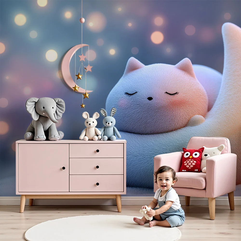 Papel de parede quarto bebê | Коте спи на мек месечински полумесец