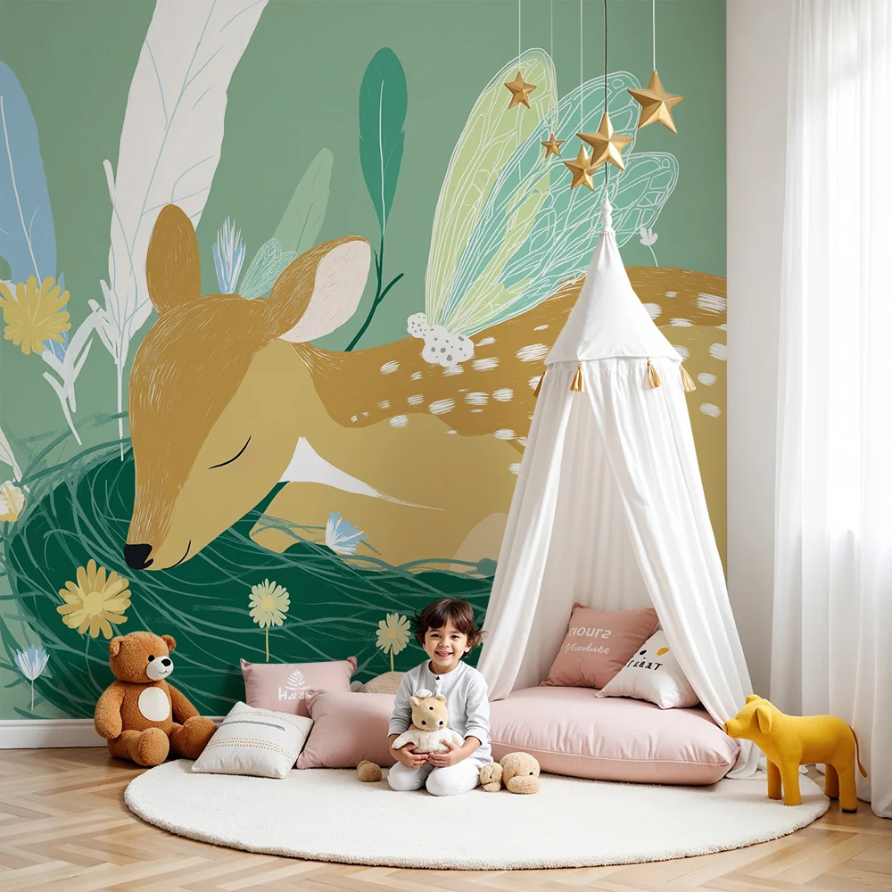 Papel de parede quarto bebê | Спяща сърна с феенски крила в цветен декор