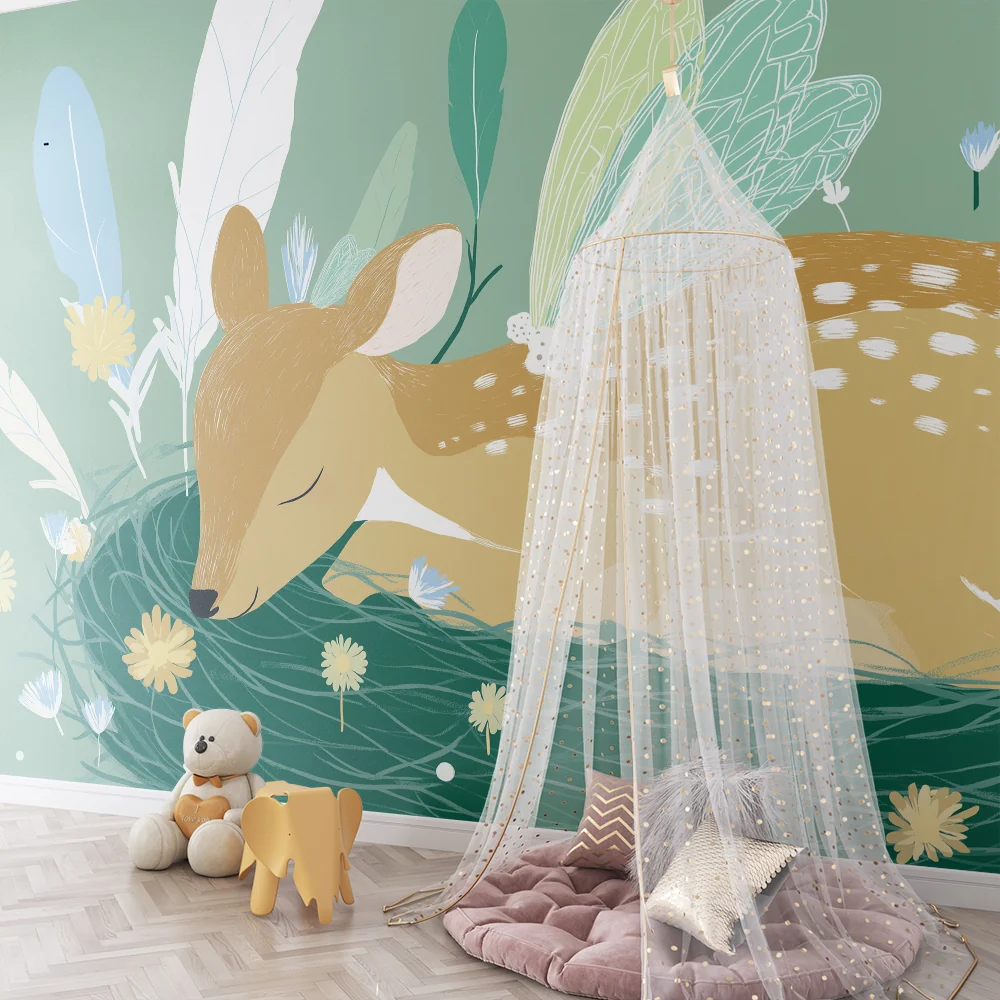 Papel de parede quarto bebê | Спяща сърна с феенски крила в цветен декор