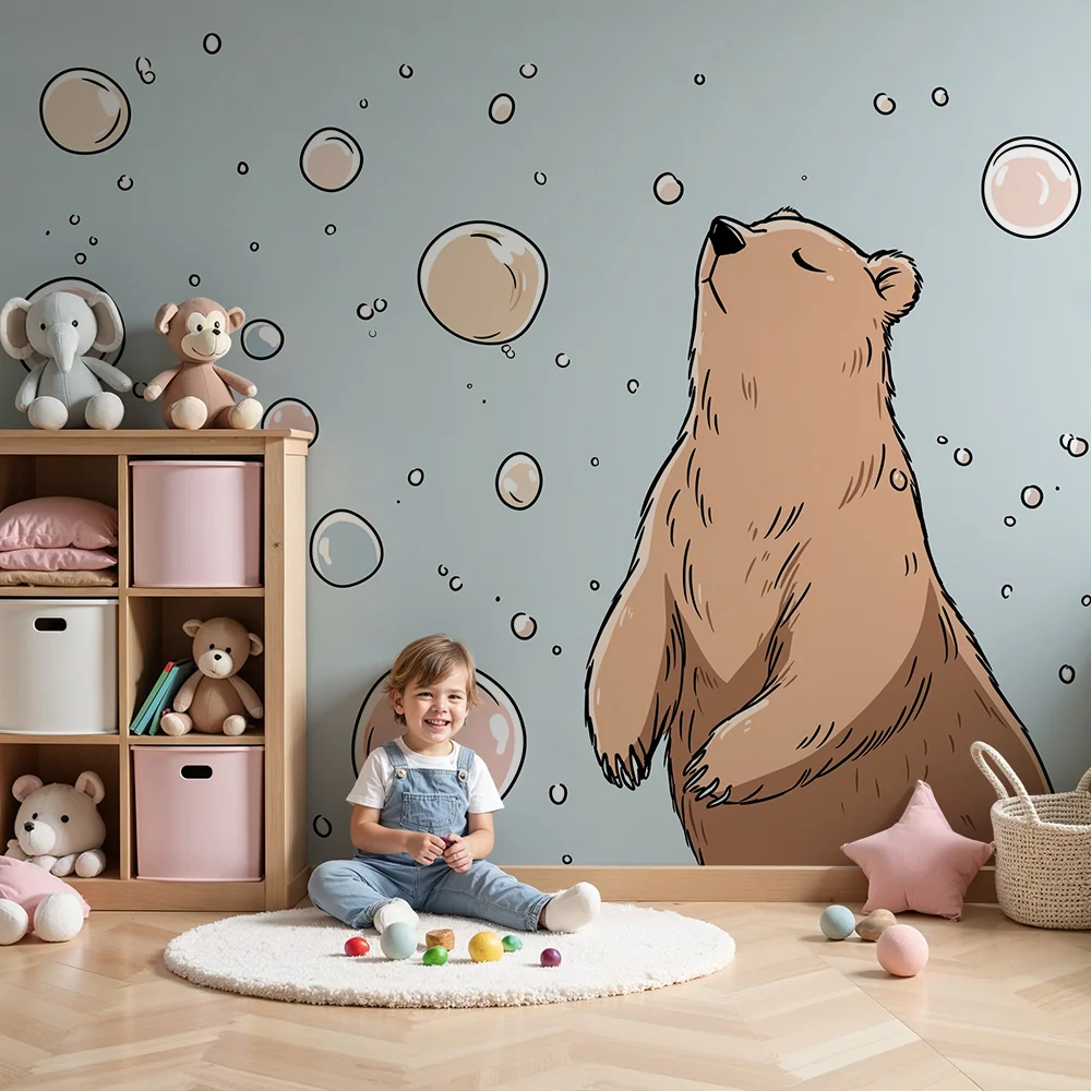 Papel de parede quarto bebê | Симпатичен мечо около цветни мехури