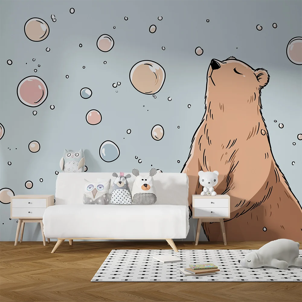 Papel de parede quarto bebê | Симпатичен мечо около цветни мехури