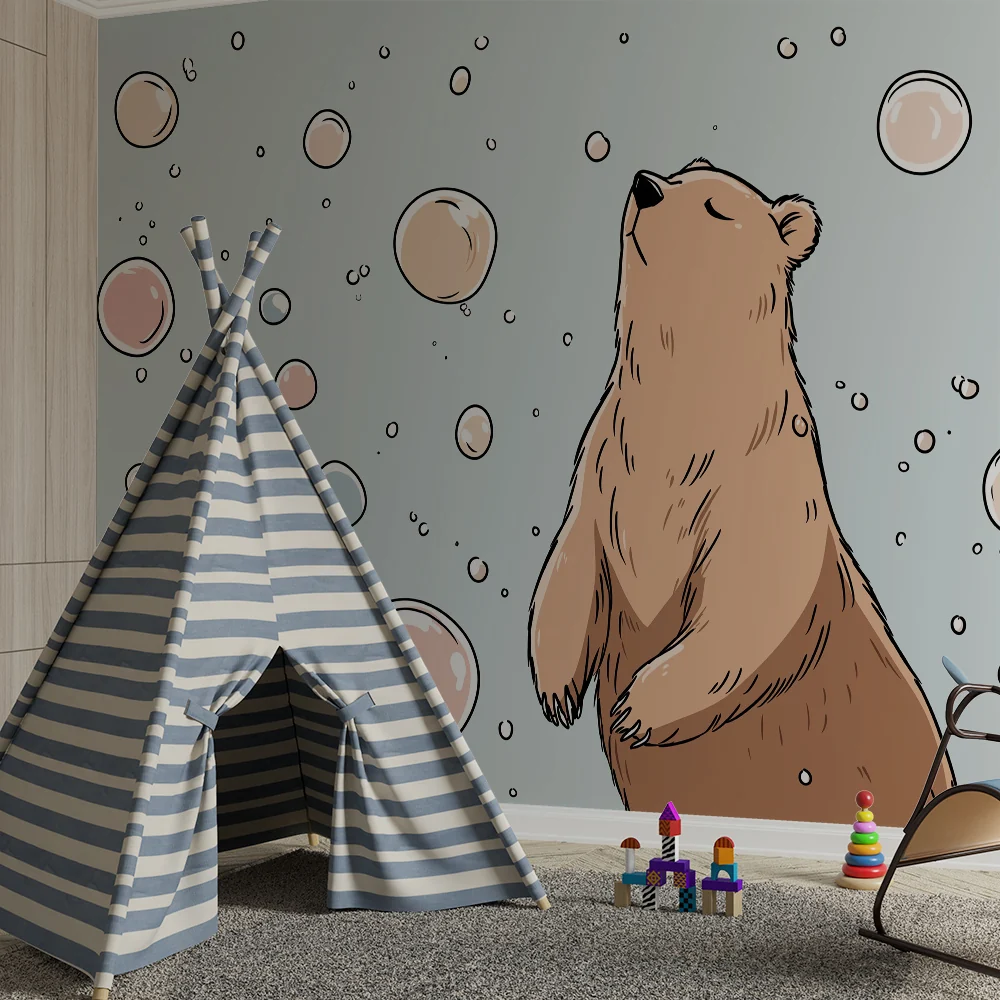 Papel de parede quarto bebê | Симпатичен мечо около цветни мехури