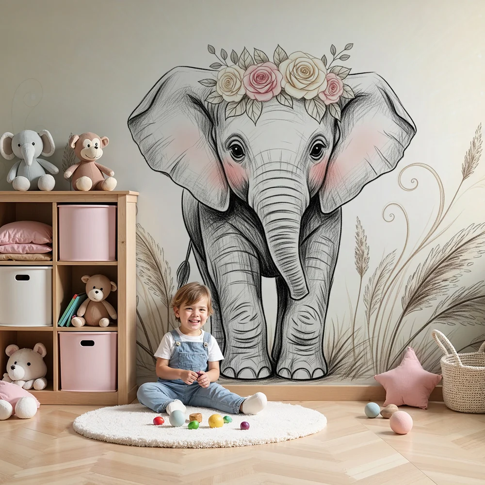 Papel de parede quarto bebê | Нежен слон с цветя