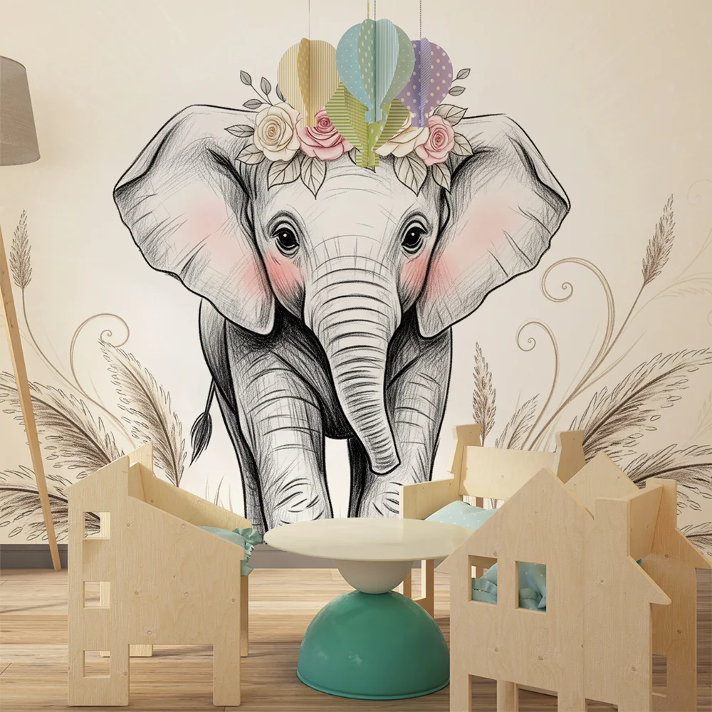 Papel de parede quarto bebê | Нежен слон с цветя