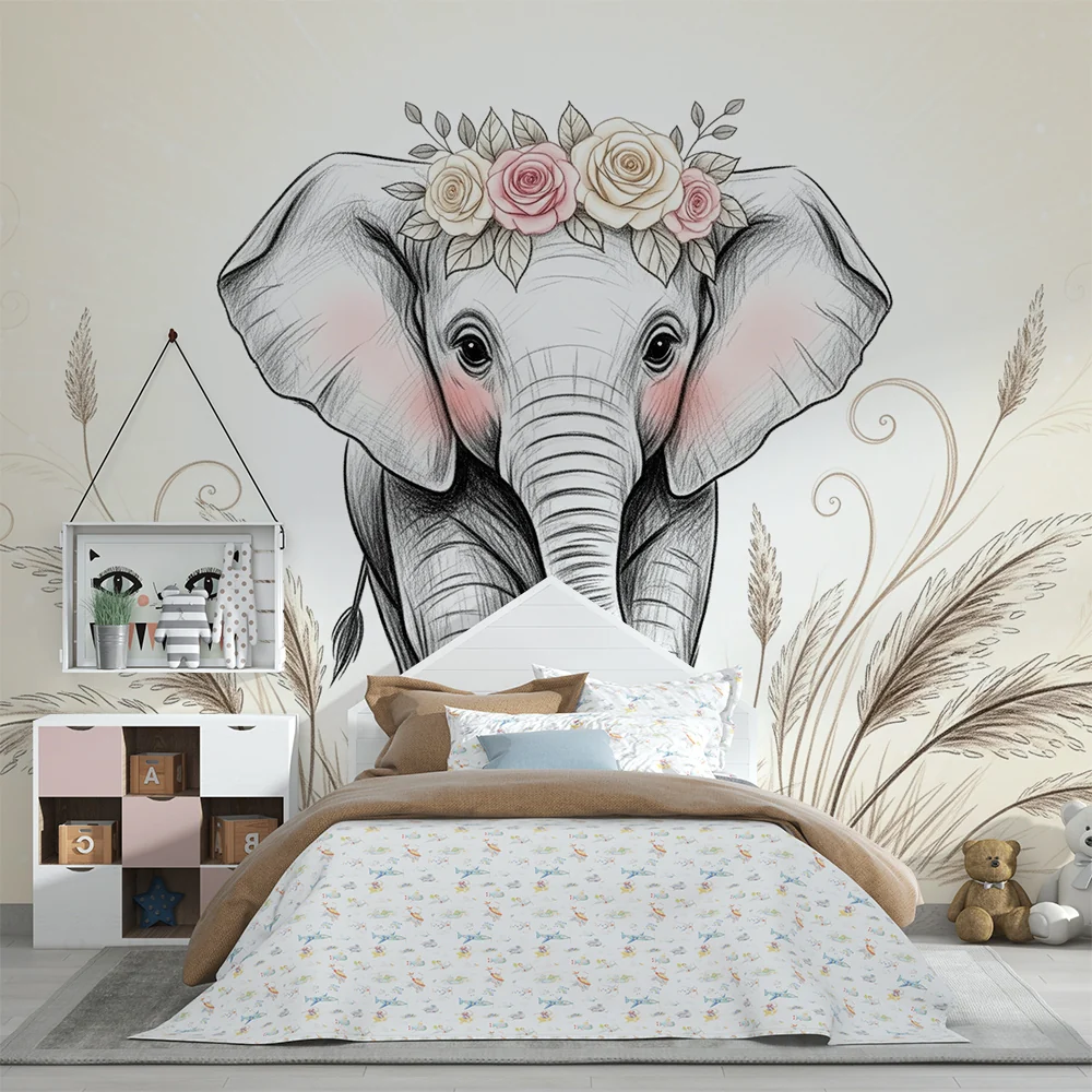 Papel de parede quarto bebê | Нежен слон с цветя