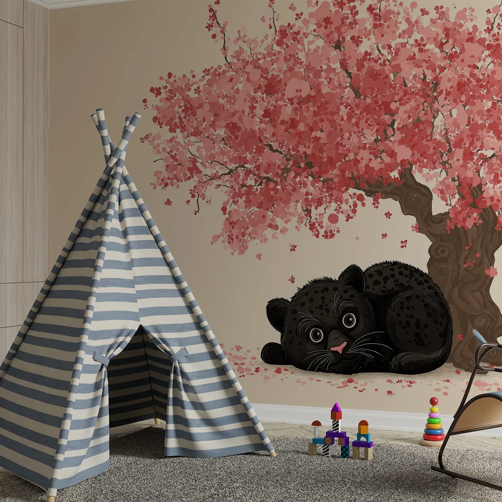 Papel de parede quarto bebê | Малък леопард под цъфтяща череша