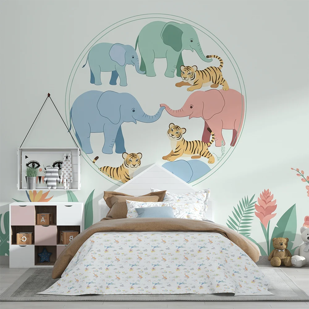Papel de parede quarto bebê | Елегантни слонове и тигри в тропически декор