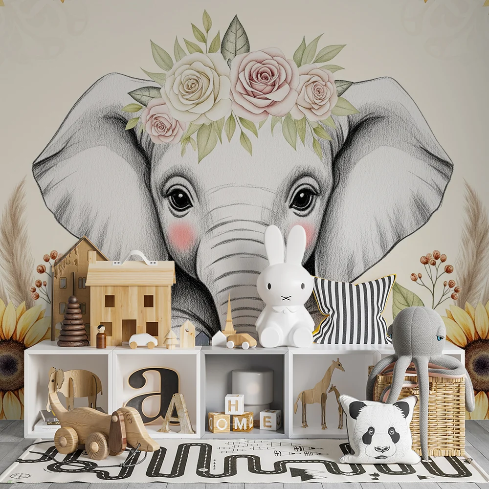 Papel de parede quarto bebê | Мило слонче с цветя и слънчогледи