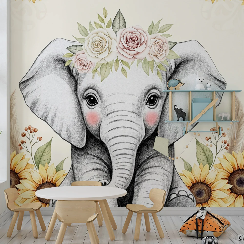 Papel de parede quarto bebê | Мило слонче с цветя и слънчогледи