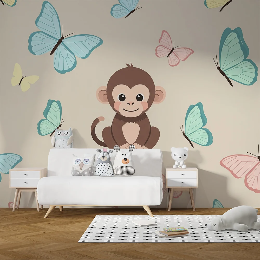 Papel de parede quarto bebê | Симпатична маймуна, заобиколена от цветни пеперуди