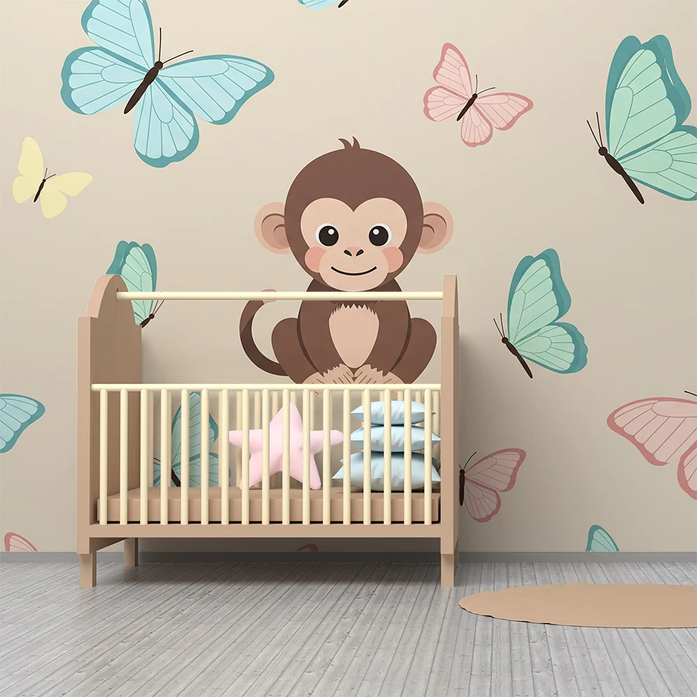 Papel de parede quarto bebê | Симпатична маймуна, заобиколена от цветни пеперуди