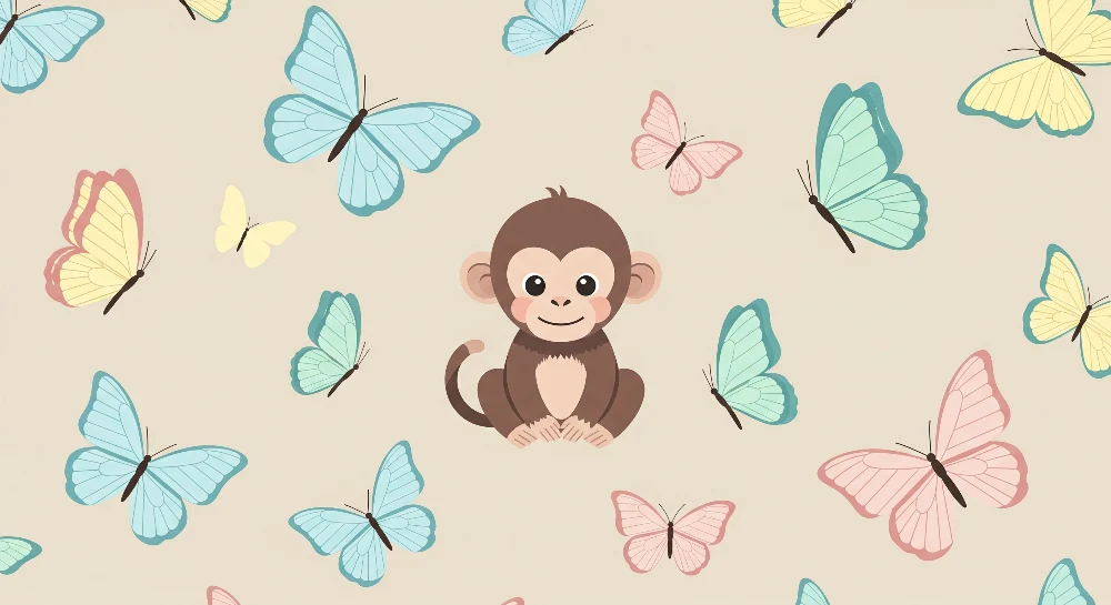 Papel de parede quarto bebê | Симпатична маймуна, заобиколена от цветни пеперуди