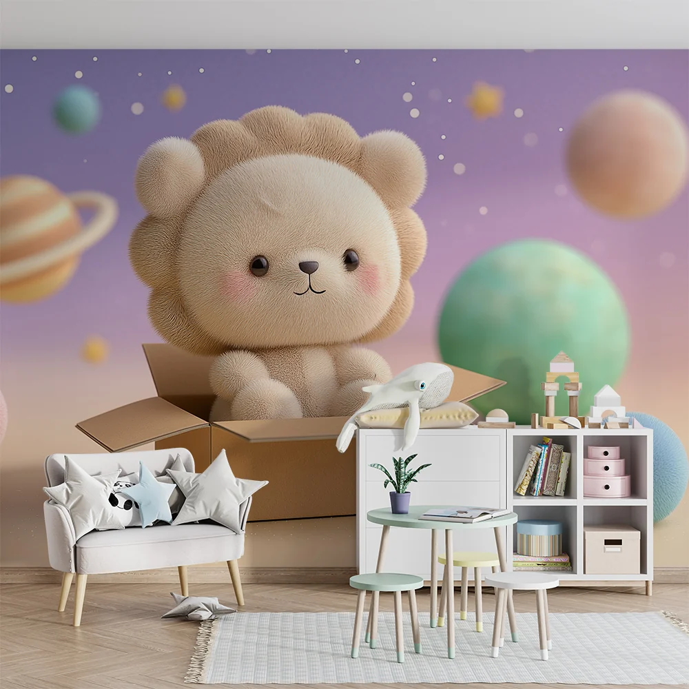 Papel de parede quarto bebê | Мек лъв и цветна космическа галактика с планети