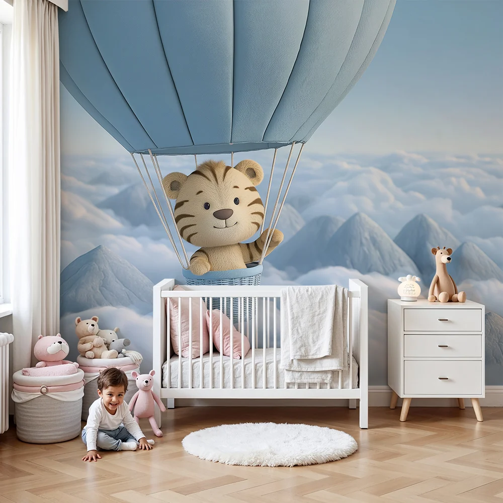 Papel de parede quarto bebê | Симпатичен тигър в балон над облаците
