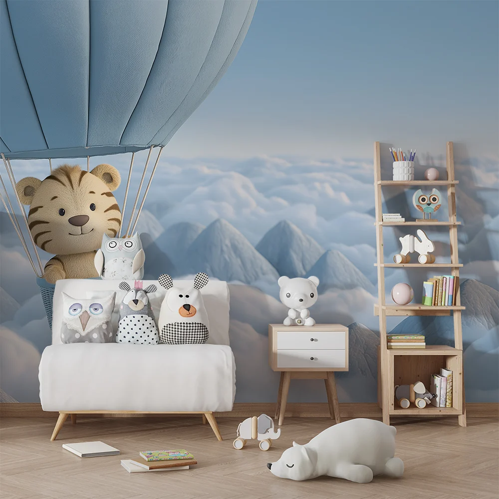 Papel de parede quarto bebê | Симпатичен тигър в балон над облаците