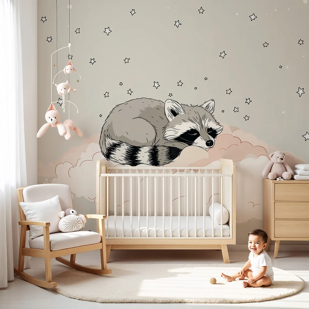 Papel de parede quarto bebê | Спяща енот на звездно облако