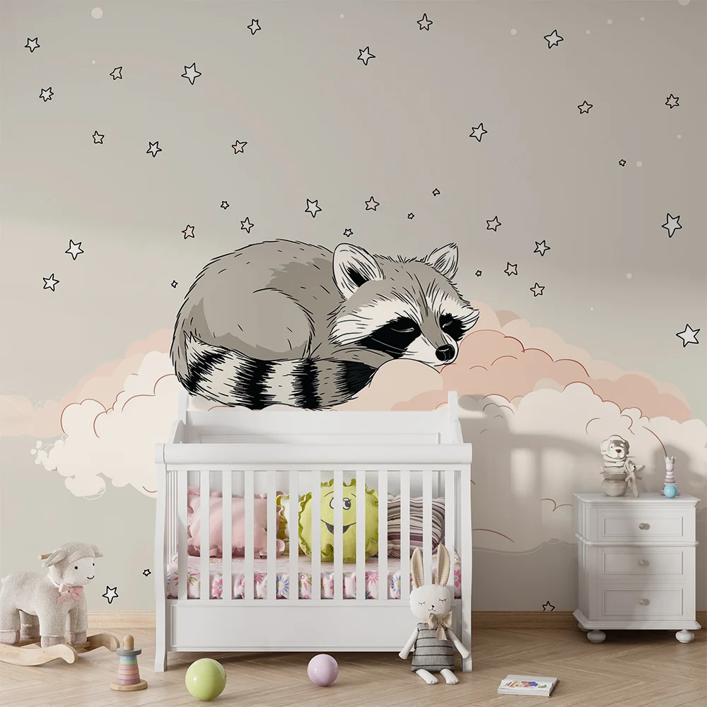 Papel de parede quarto bebê | Спяща енот на звездно облако