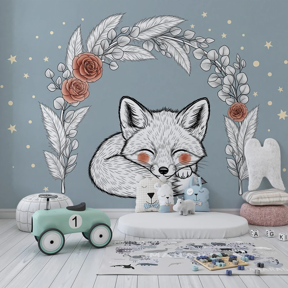 Papel de parede quarto bebê | Спяща лисица и нежни цветя