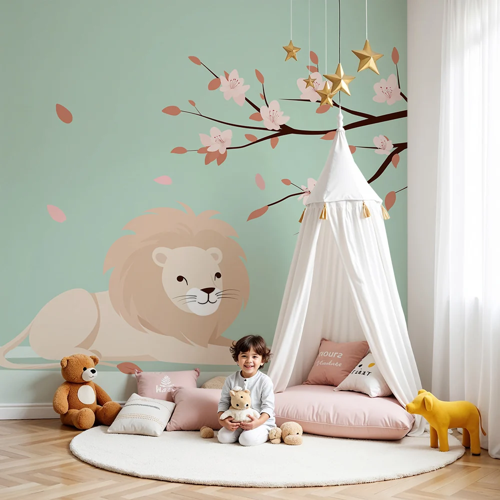 Papel de parede quarto bebê | Мек лъв под цъфнало дърво