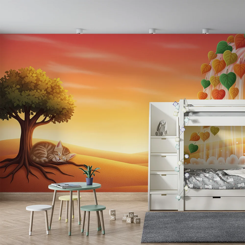 Papel de parede quarto bebê | Коте заспало под дърво с водопад от цветни листа