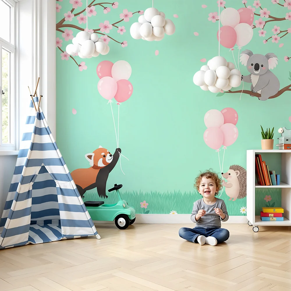 Papel de parede quarto bebê | Милите животни с балони под цъфтящи череши