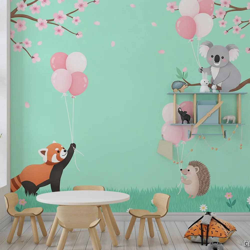 Papel de parede quarto bebê | Милите животни с балони под цъфтящи череши