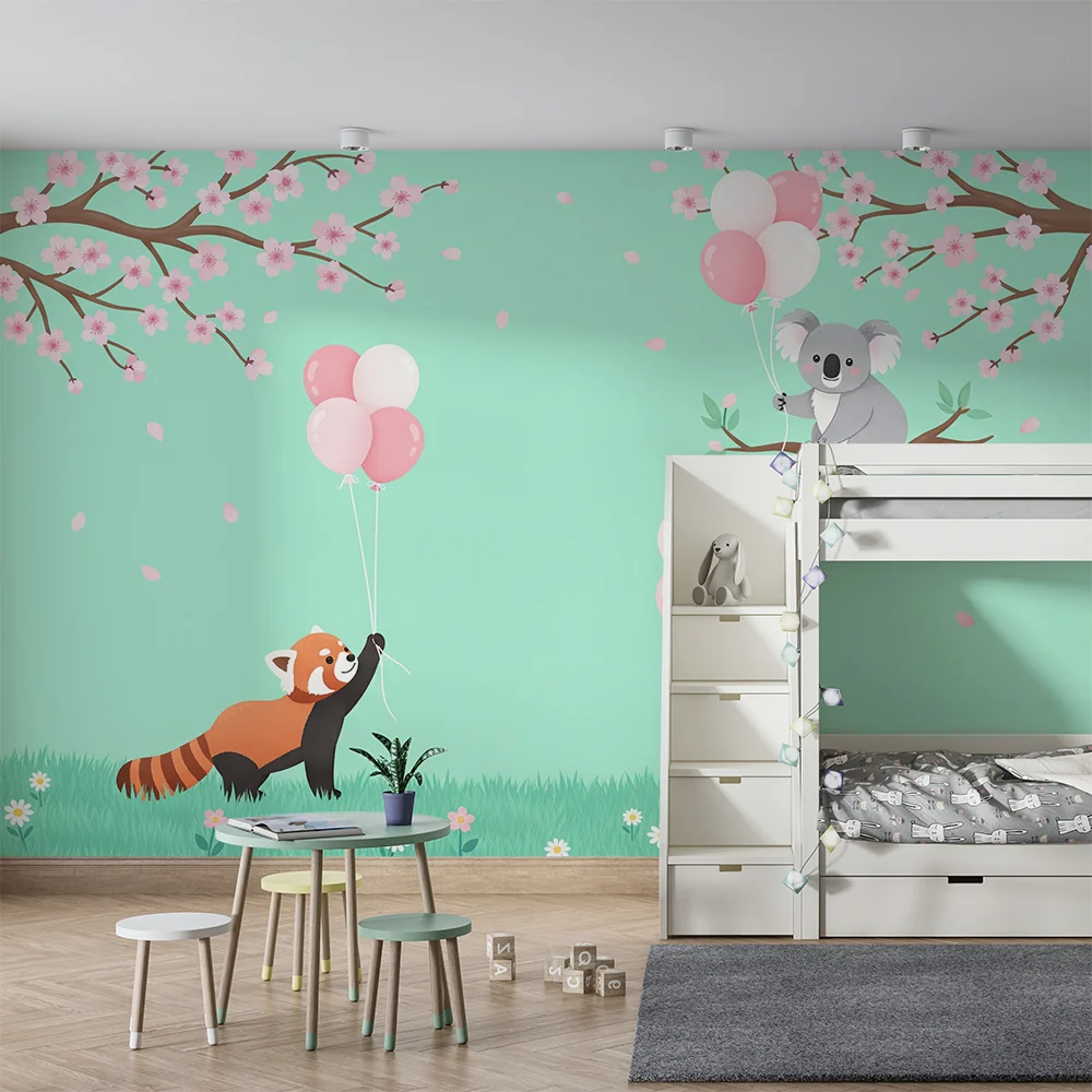 Papel de parede quarto bebê | Милите животни с балони под цъфтящи череши