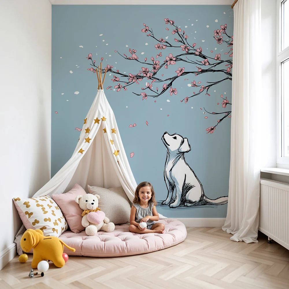 Papel de parede quarto bebê | Зарадвано кученце под цъфтящ черешов цвят