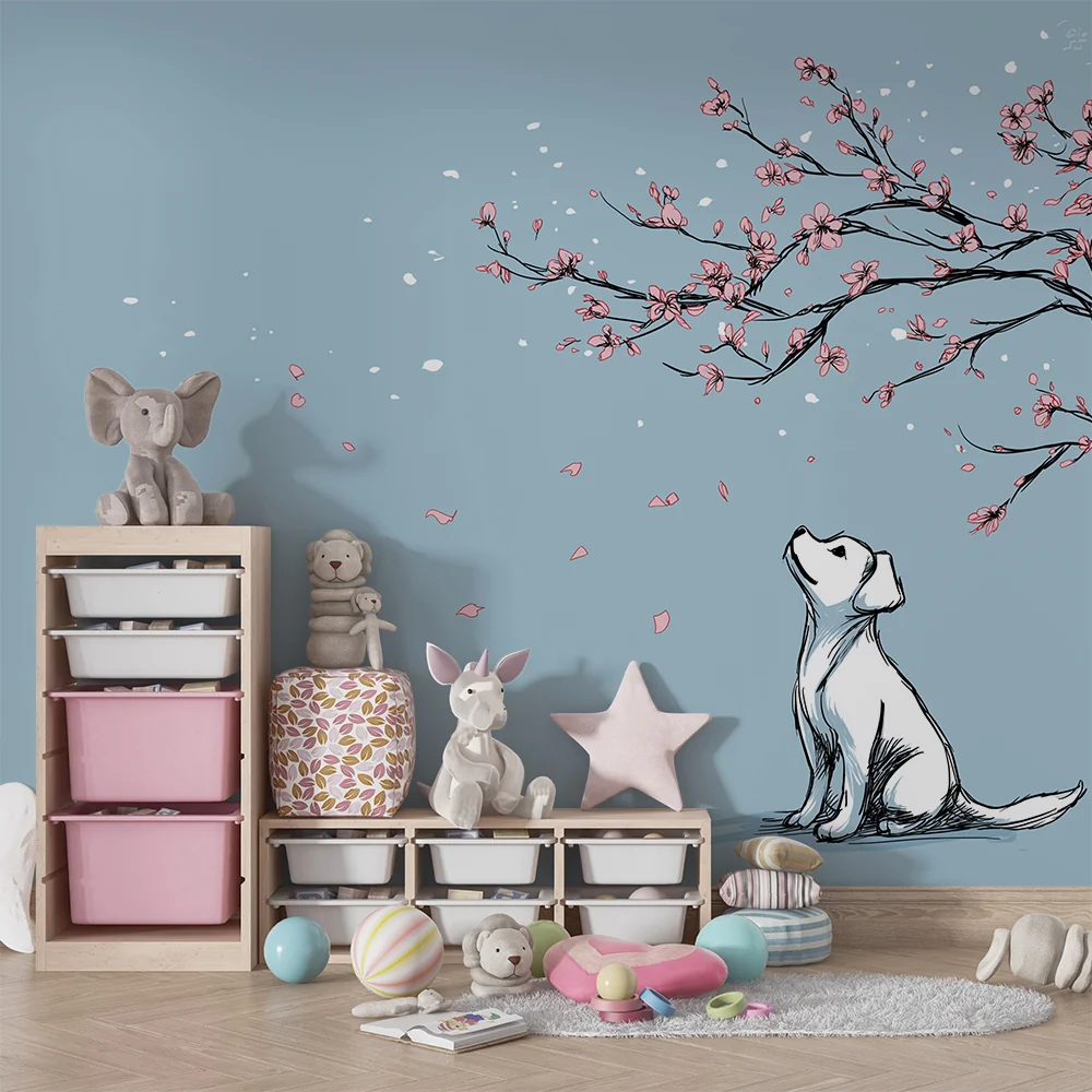 Papel de parede quarto bebê | Зарадвано кученце под цъфтящ черешов цвят