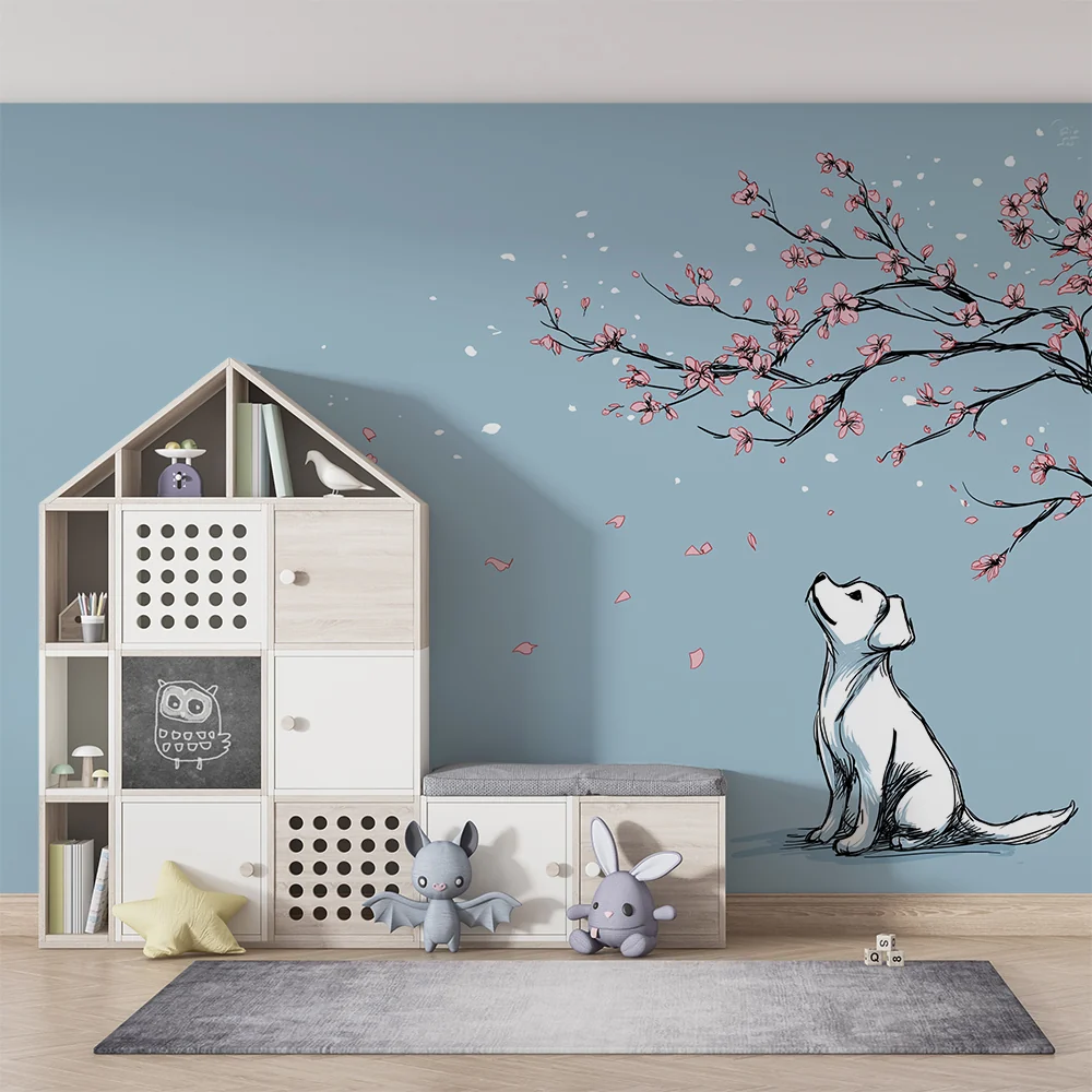 Papel de parede quarto bebê | Зарадвано кученце под цъфтящ черешов цвят