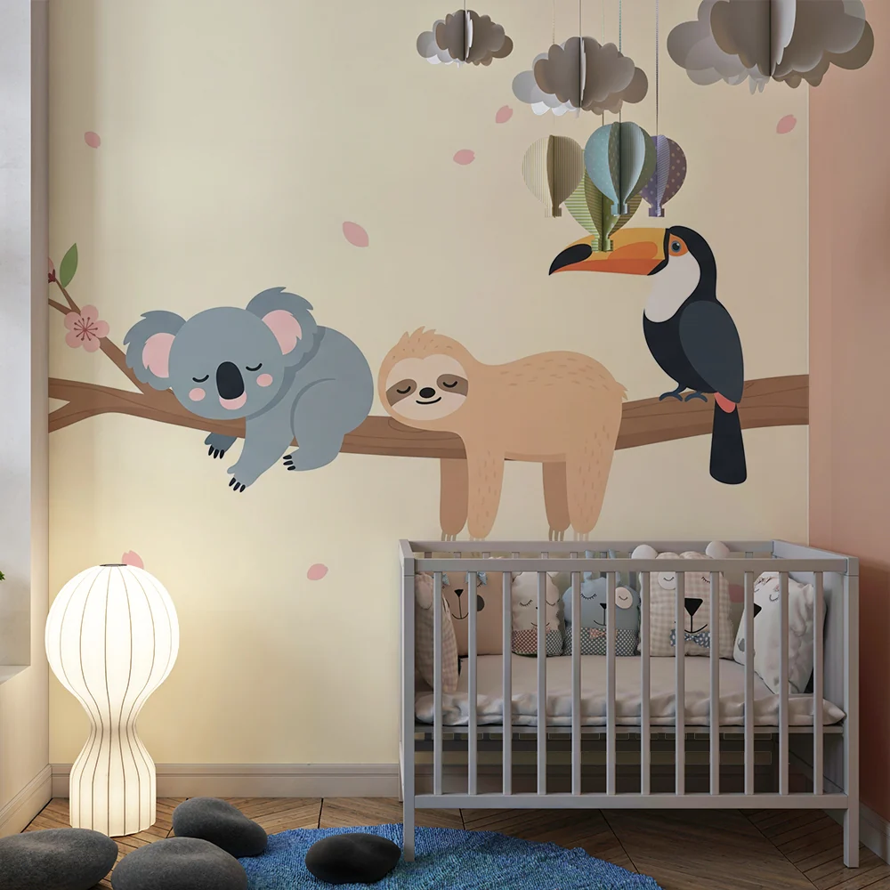 Papel de parede quarto bebê | Милите животни на клон с нежни цветя
