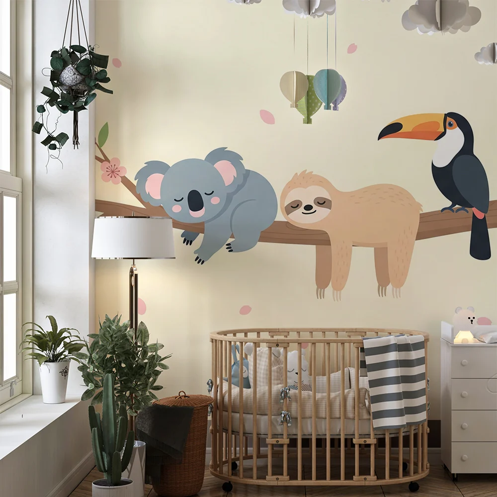 Papel de parede quarto bebê | Милите животни на клон с нежни цветя