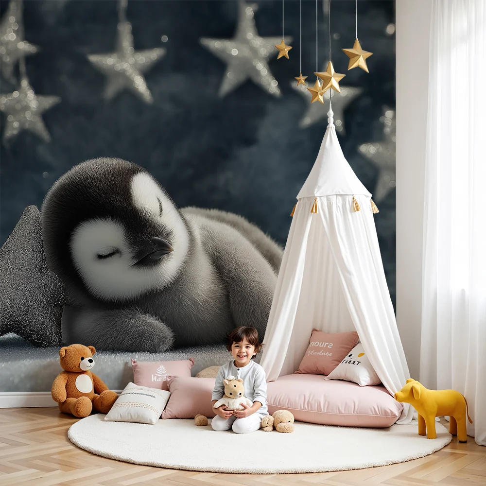 Papel de parede quarto bebê | Малкото пингвинче заспива под светещите звезди
