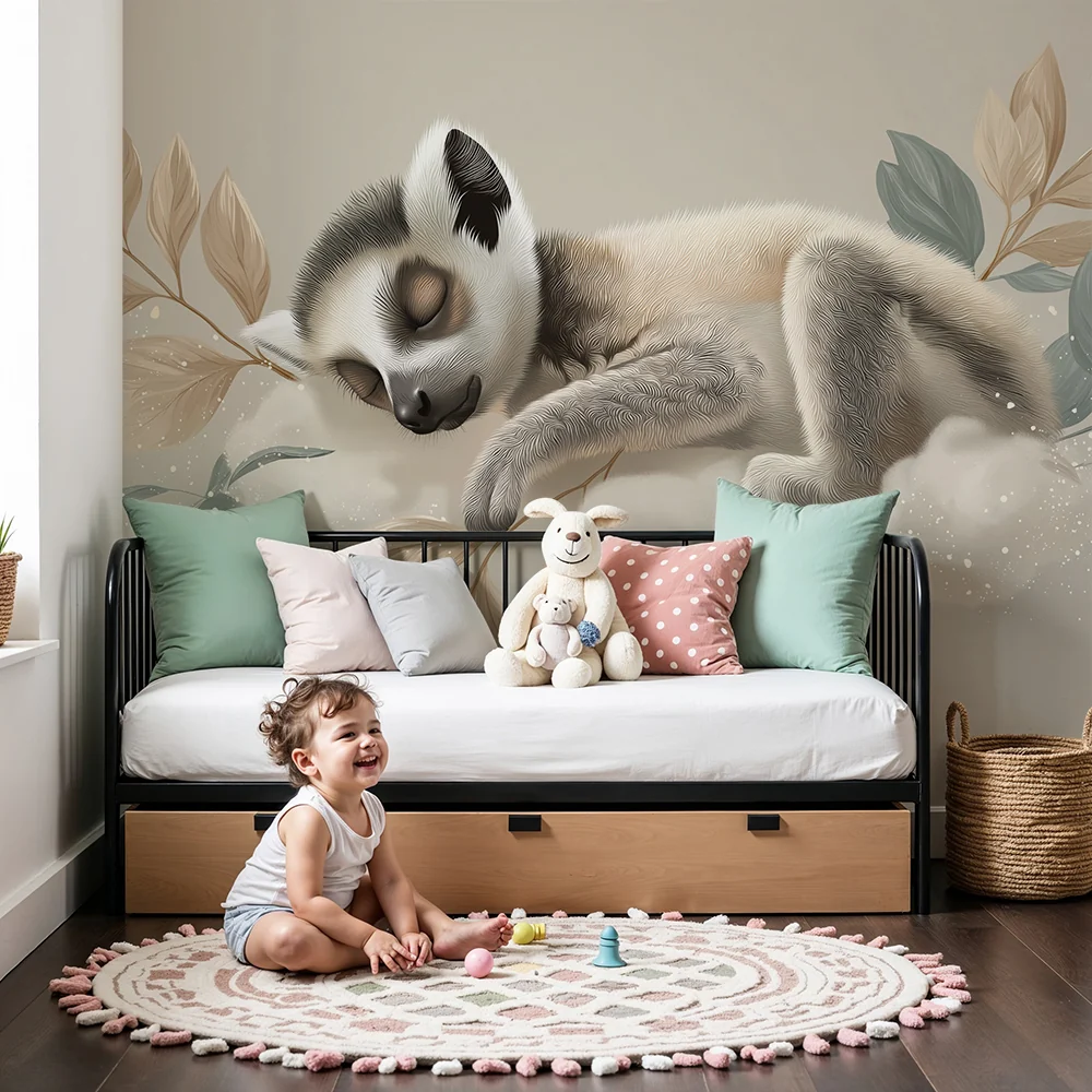 Papel de parede quarto bebê | Малка спяща животинка върху облак с нежни листа