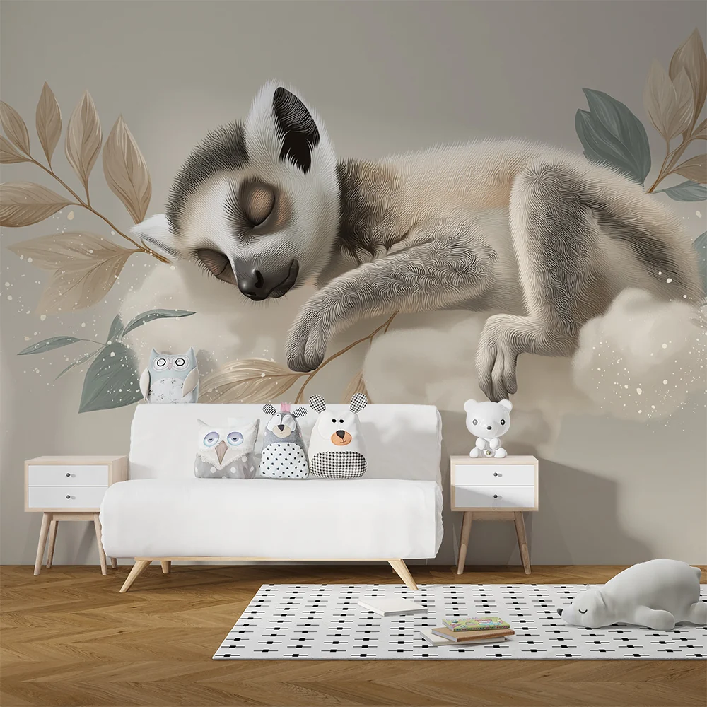 Papel de parede quarto bebê | Малка спяща животинка върху облак с нежни листа