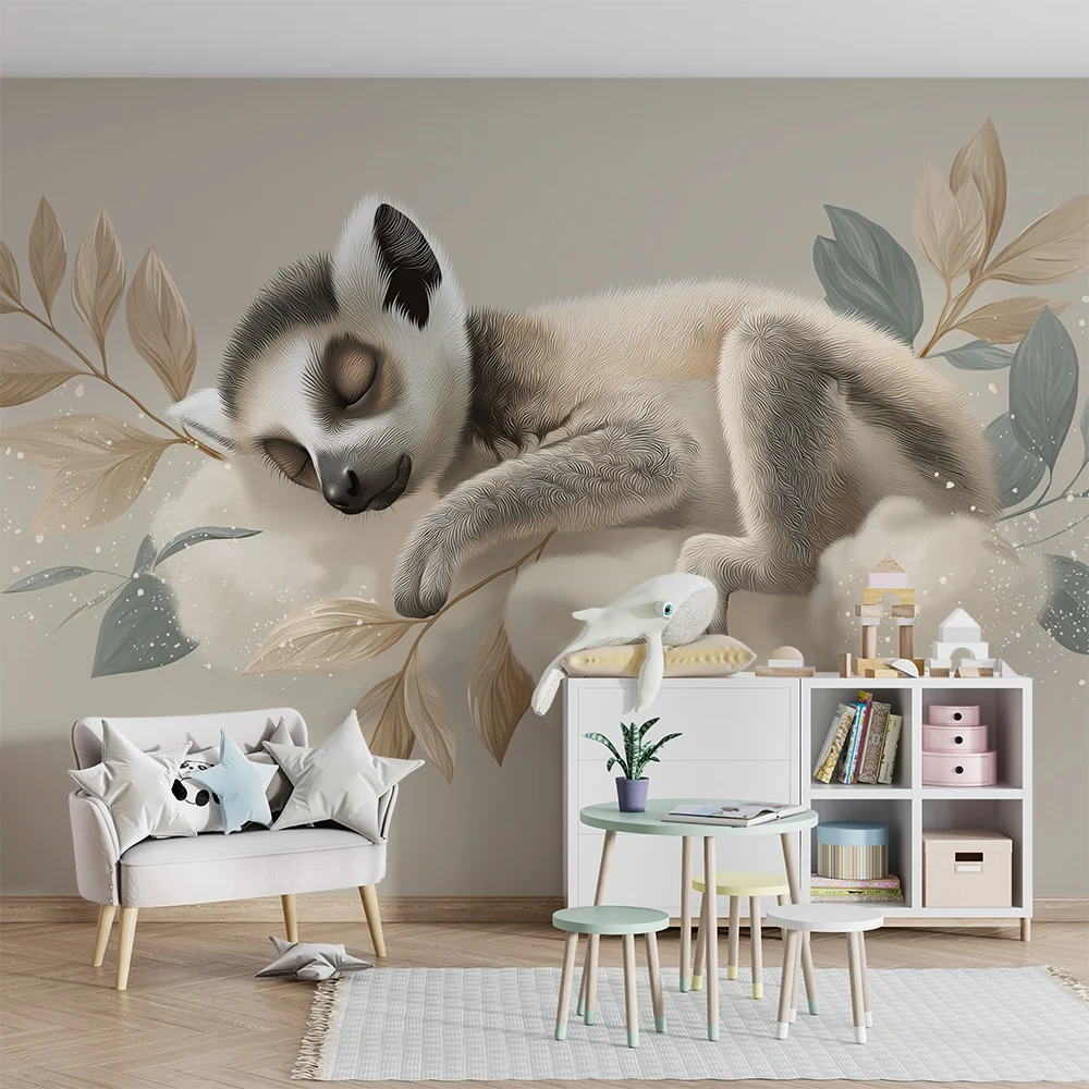 Papel de parede quarto bebê | Малка спяща животинка върху облак с нежни листа