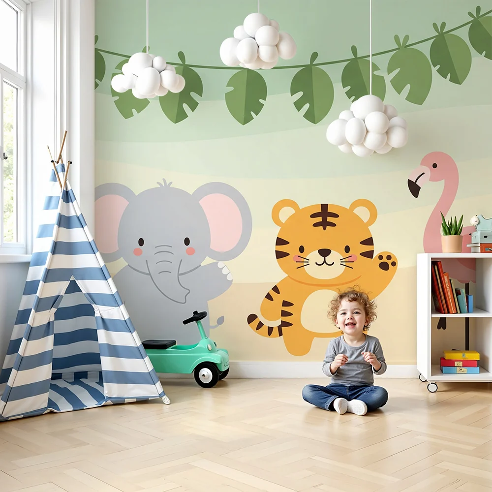 Papel de parede quarto bebê | Милите джунглени животни с тропическо листо