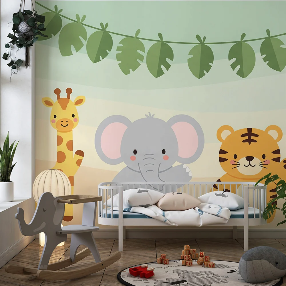 Papel de parede quarto bebê | Милите джунглени животни с тропическо листо