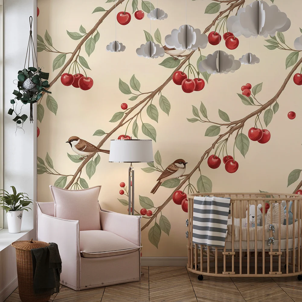Papel de parede quarto bebê | Птици и череши на нежен фон